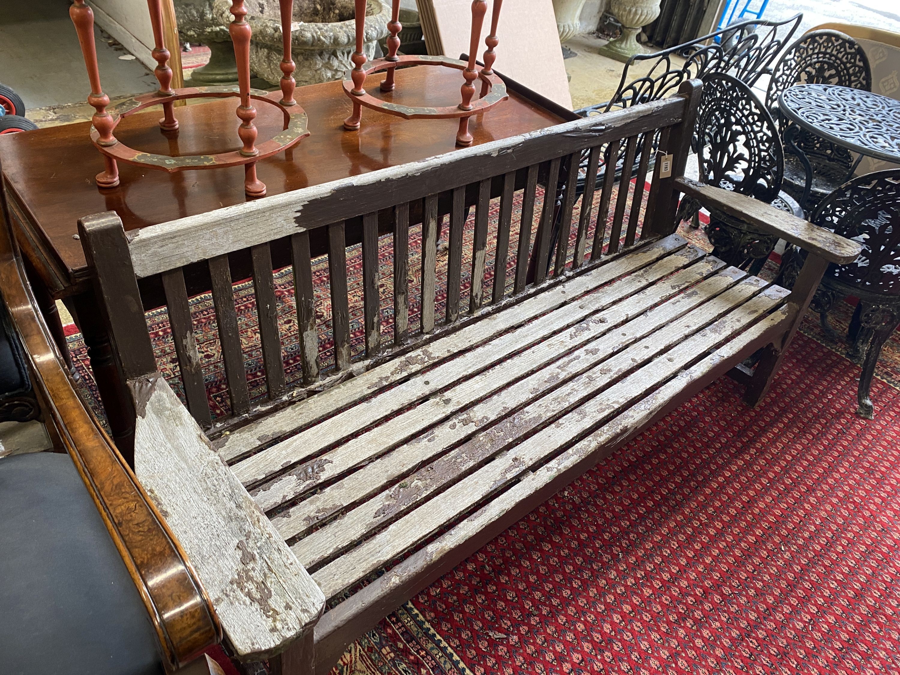 A part painted weathered teak garden bench, length 183cm, depth 56cm, height 80cm